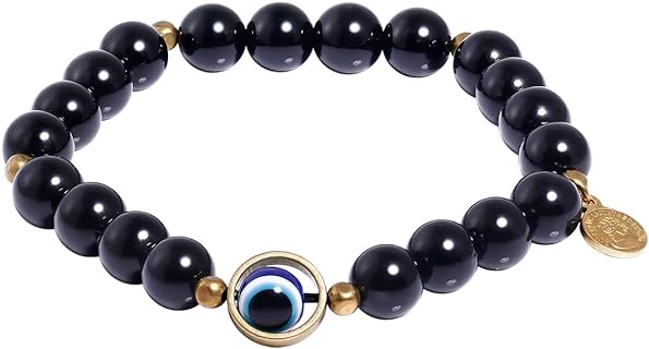 8mm Obsidian Beaded Evil Eye Bracelets Stretch Bring Luck Prosperity Amulet Bracelet for Women and Men Wealth Jewelry Anxiety Relief Gifts