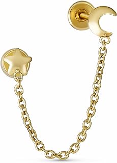 Unisex 10K Yellow Gold Double Stud Chain Earring with Crescent Moon & Star Design, Comfortable Screw Back, for Women and Teens