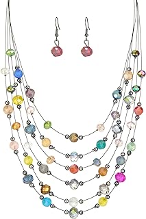 Boho-Inspired Crystal Beaded Multi-Strand Necklace and Earring Set for Women with Lobster Clasp - zinc, Sparkling Statement Piece - Fashion Jewelry Gift for Mom