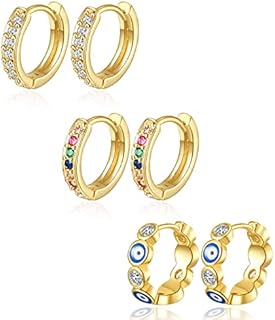 3 Pairs 14K Gold Plated Huggie Hoop Earrings for Women Hypoallergenic Dainty Evil Eye Multi-colors Cubic Zirconia Hoop Earrings Set Lightweight Small Tiny Hoops Jewelry