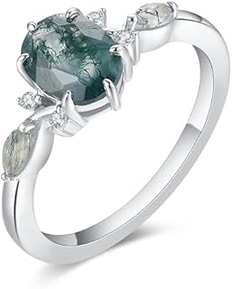 Elegant Platinum Plated Sterling Silver Moss Agate Engagement Ring for Women - Unique Oval Cut 1.5 Carat Green Gemstone Cross-Shank Design