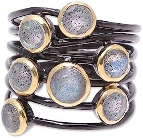 NOVICA Artisan Handmade 18k Gold Accented Labradorite Cocktail Ring Multistone from India .925 Sterling Silver Modern Bohemian 'Dewy Morn'