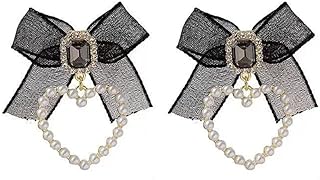 Push Back Cubic Zirconia Crystal Bow Stud Earrings with Sterling Silver Pins for Women and Girls - Black Heart Dangle Design