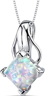 PEORA Created White Fire Opal Signature Solitaire Pendant Necklace for Women 925 Sterling Silver, 2 Carats Princess Cut 8mm with 18 inch Italian Chain