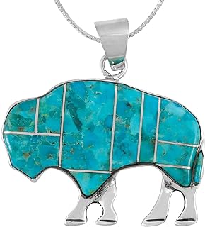 Turquoise Network Buffalo Pendant Necklace 925 Sterling Silver Genuine Gemstones (24" Length)