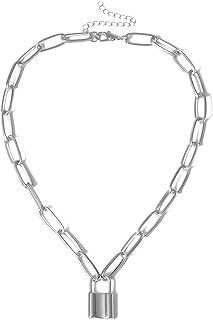 COLORFUL BLING Simple Lock Key Pendant Necklace Multilayer Long Paperclip Chain Punk Choker Necklace for Women Girls Men Statement Jewelry