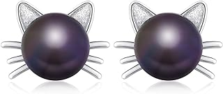 WRISTCHIE 925 Sterling Silver Cute Cat Kitty and Freshwater-Cultured Pearl Stud Earrings