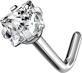 FIFTH CUE Prong Set Square Diamond CZ Solid Grade 23 Titanium L Bend Stud Nose Ring