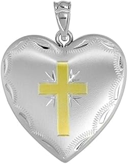 Women's 1-inch Sterling Silver Heart Locket Necklace with Gold Cross & Boston Link Chain, 4-Picture Memory