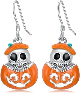 Leverback Halloween-Themed Sterling Silver Earrings for Women - SEIYANG S925 Filigree Pumpkin and Skull Design with CZ Gems