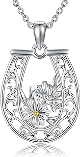 Women's Sterling Silver Horseshoe Daisy Pendant Necklace with Cable Chain, Nickel-Free Hypoallergenic Jewelry Gift, Ideal for Women and Girls
