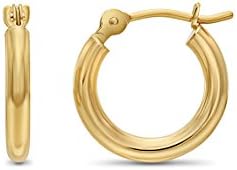 14k Yellow Gold Classic Shiny Polished Round Hoop Earrings, 2mm tube