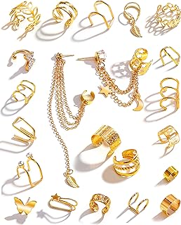 22Pcs Gold Ear Cuffs Earrings for Women Girls Non Piercing Lightweight, Adjustable Hypoallergenic Fake Clip On Cartilage Butterfly Chain Twist Helix Leaf Wrap Earrings Set, Trendy Jewelry Gift for Her