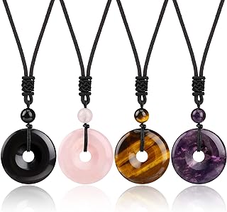 4 Pieces Circle Donut Healing Crystals Necklace 30 mm Donut Stone Pendant Necklace Amulet Lucky Charm Agate Donut Pendant Necklace Donut Healing Crystals Adjustable Braided Rope Necklace for Men Women