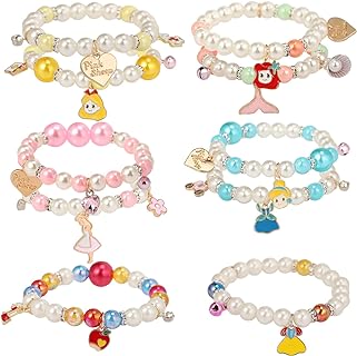 Disney Princess-Themed Pearl Bead Bracelets for Kids Girls -  Set of 10, Made with Resin & Plastic, Lobster Claw Clasp, Featuring Colorful Beads & Charm Pendants