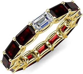 Emerald Cut Lab Grown Diamond & Red Garnet 5.15-5.95 ctw set in gorgeous drape like basket setting eternity stackable ring 14K Gold