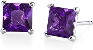 14K White Gold Amethyst Stud Earrings with Push Back for Women, Classic Princess Cut Solitaire Design