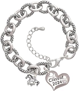 Charm Bracelet with Running Horse Design, Link Chain and Lobster Claw Clasp for 2024 Graduates, Silvertone Metal and Crystal Material
