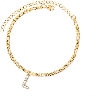 Jacruces Initial Anklet Gold Anklet Bracelet for Women Figaro Chain 14K Gold Filled Anklet Stainless Steel Anklet Letter Anklet Beach Anklet