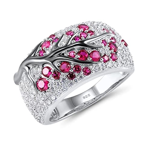 Tree of Life Ring for Women Girls,White Gold Plated Sterling Silver Plum Tree with Color Cubic Zirconias Flower Ring Jewelry Gift. Symbol of Perseverance,Fought at The Head, The Spirit of Self-quality