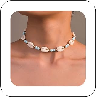 Boho Shell Choker Necklace Vintage Blue Turquoise Scallop Necklace Blue Rice Bead Necklace Adjustable Seashell Chain Necklace Jewelry for Women and Girls
