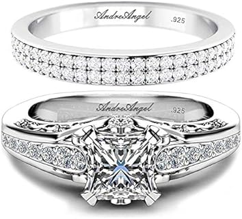 Engagement Ring Set for Women 2 pcs, Princess Cut 0.75 Carat, Solid Sterling Silver 925, 50 Cubic Zirconia Stones High Grade AAAAA+