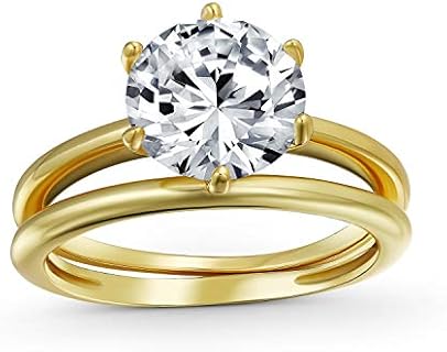 Personalize Traditional Etoile 3CTW Round Solitaire 6 Prong AAA CZ Engagement Anniversary Wedding Band Ring Set for Women Yellow 14KGold Plated.925 Sterling Silver Customizable