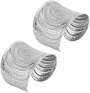 2 PCS Cuff Bangle Bracelets for Women Vintage Ethnic Wide Open Chunky Gold Silver Wrist Cuff Warp Bracelets for Cosplay or Belly Dance
