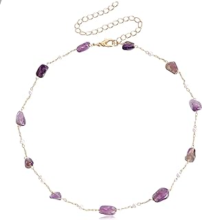 Carnelian Bead Necklace with Gold Plated Chain & Purple Crystal Accents | Irregular Tiny Birthstone Choker for Women and Girls | Boho-Style Statement Jewelry