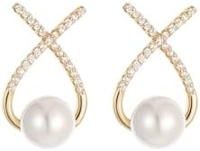 925 Sterling Silver Bow Earrings with Pearls and Cubic Zirconia, Push Back Dangle Design, Perfect Gift for Women and Girls