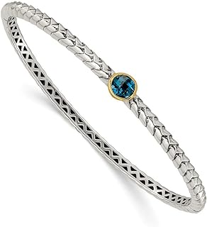 925 Sterling Silver & 14k Topaz Bangle Bracelet with London Blue Gem for Women - Subtle Shape, Other Clasp, Glamorous Design, Stackable