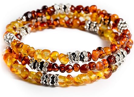 Handmade Bead Chain Baltic Amber Bracelet for Adults - Artisan Polished and High-Quality Multi-Color Amber Gems from Lithuania, No-clasp Type, Fits Upto 7.5" Wrist Size