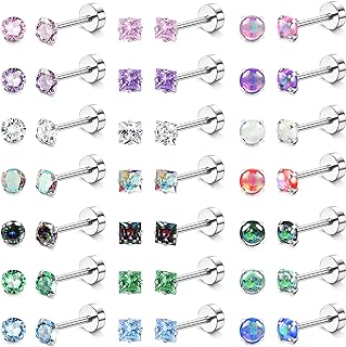 YADOCA 21 Pair Set of Hypoallergenic Surgical Steel Screw Back Earrings with Cubic Zirconia in Flat Back Stud Design for Men and Women