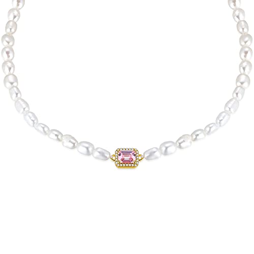 Pink Baguette Pearl Choker Necklace 16'' | Baguette Cubic Zirconia Charm Pendant Necklace Adjustable