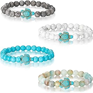 Bonuci Unisex Turtle Bead Bracelet with Rope Chain - Set of 4 Natural Stone Turquoise Bracelets, Perfect Gift for Women, Men and Girls