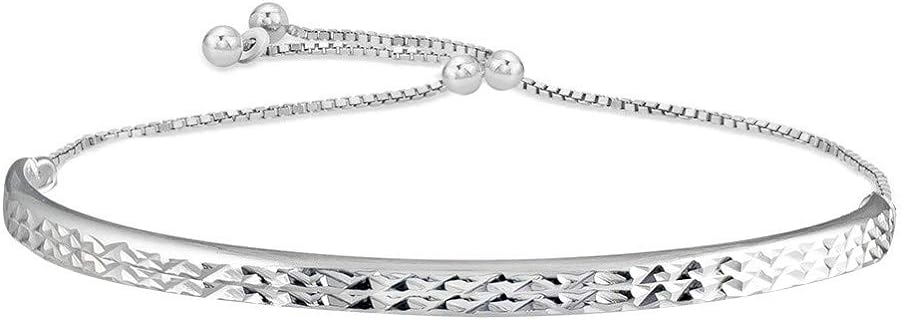 Sterling Silver Half Bangle Bracelet with Magic Chain, Diamond Cut Bar Design for Women by Verona Jewelers
