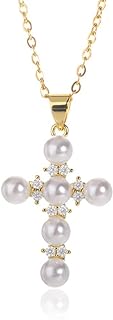 Spring Ring Clasp Cubic Zirconia-Adorned Pearl Cross Necklace on Cable Chain for Women: Faith and Protection Design