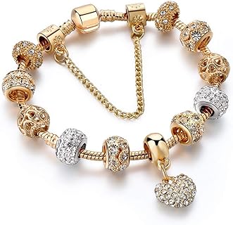 Unisex Brass Metal Crystal Heart Charm Bracelet with Box Chain and Lobster Claw Clasp featuring a Cubic Zirconia Heart Pendant Design