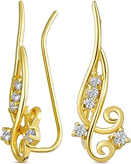 Trendy Scroll Swirl Wire Ear Pin Climbers Earrings For Women Teen AAA CZ Crawlers 14K Gold Plated .925 Sterling Silver