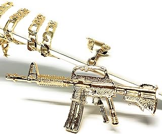 Fran & Co. Gold Plated Machine Gun Pendant Necklace Figaro 26” Cuerno de Chivo Medalla Oro Laminado