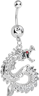 Stainless Steel Chinese Dragon Dangle Belly Ring with Clear Charm for Unisex - Mythology/Elegance Design