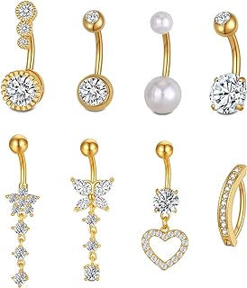 Spiritlele 8Pcs Belly Button Rings Stainless Steel 14G Dangle Clicker Belly Rings for Women CZ Navel Rings Belly Piercing Jewelry with Butterfly Flower Heart