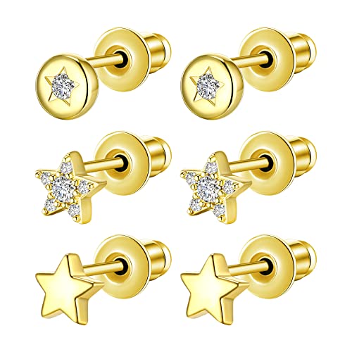 3 Pairs Star Stud Earrings for Women and Men，14K Gold Plated Dainty Tiny Hypoallergenic Cartilage Cubic Zirconia Earrings Set