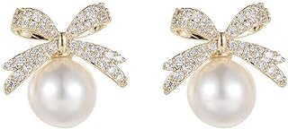 Woman's Pearl and Rhinestone Bowknot Stud Earrings with Secure Screw Back in Durable Copper Material