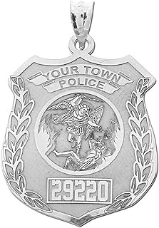 10k White Gold Saint Michael Personalized Police Badge Pendant Necklace for Law Enforcement Personnel - No Gemstone