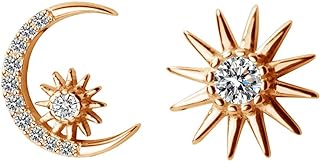 Crystal Star Crescent Moon Stud Earrings S925 Sterling Silver Dainty Clear CZ Diamond Sun Asymmetrical Ear Studs Piercing Earring Delicate Jewelry Gifts for Women Girls Sensitive Ears