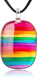 Lobster Clasp Hand-Blown Glass Rectangular Pendant Necklace with Rainbow Stripes - Ideal for Colorful Jewelry Enthusiasts - 18 Inch Chain