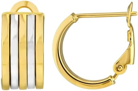 14k Two-Tone Gold French Hoop Earrings with French Clip Back for Women, Five-Row Design