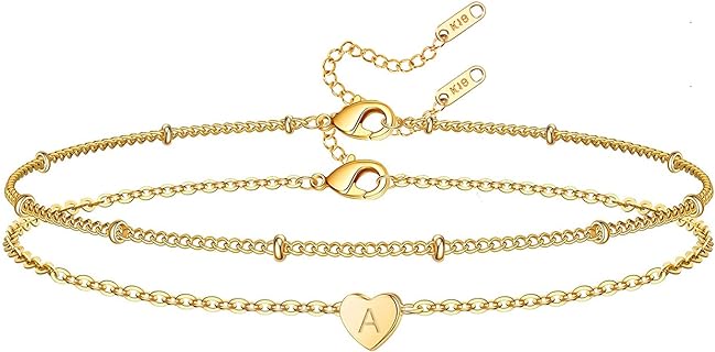 Lobster Claw Clasp+18k Gold-Plated Beaded Chain Personalized Heart Initial Bracelet+Stainless Steel+for Women+Heart Design
