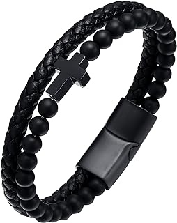 Mens Cross Bead Braided Genuine Leather Bracelet, Black Gemstone Agate Onyx Beaded Rosary Obsidian Bangle, Faith Religious Easter Catholic Christian Communion Baptism Christmas Jewelry Gift for Men